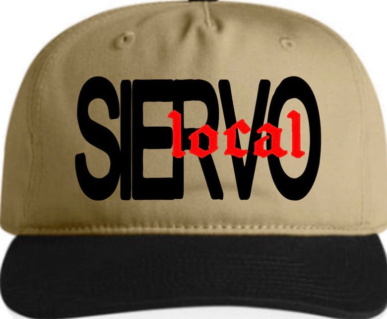 A structured baseball cap with a tan crown and black flat brim. The front features the word 'SIERVO' in large black letters, with 'local' written across it in red gothic-style font.
