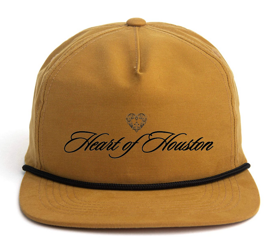 Black cap with 'Heart of Houston' text and heart design on a white background